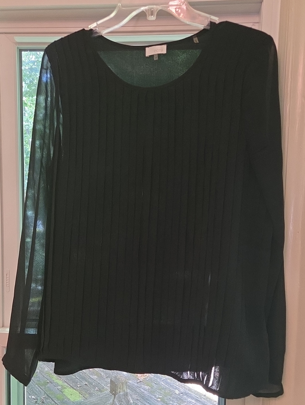 ecru Brand Silk Black Pleated Sheer Long-Sleeve Blouse M